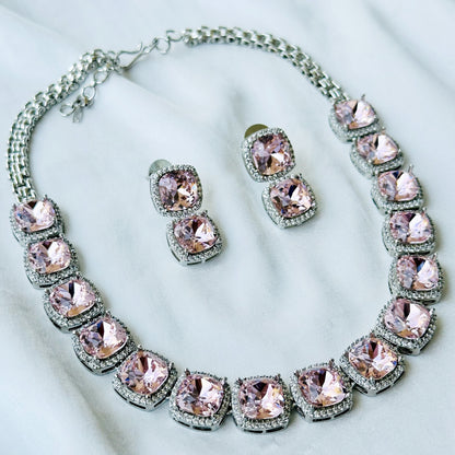 Ariva Collection Lt Pink Topaz Swarovski Crystal American Diamond Silver Plated Necklace Set