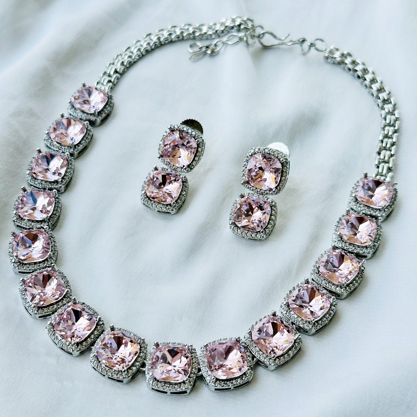 Ariva Collection Lt Pink Topaz Swarovski Crystal American Diamond Silver Plated Necklace Set