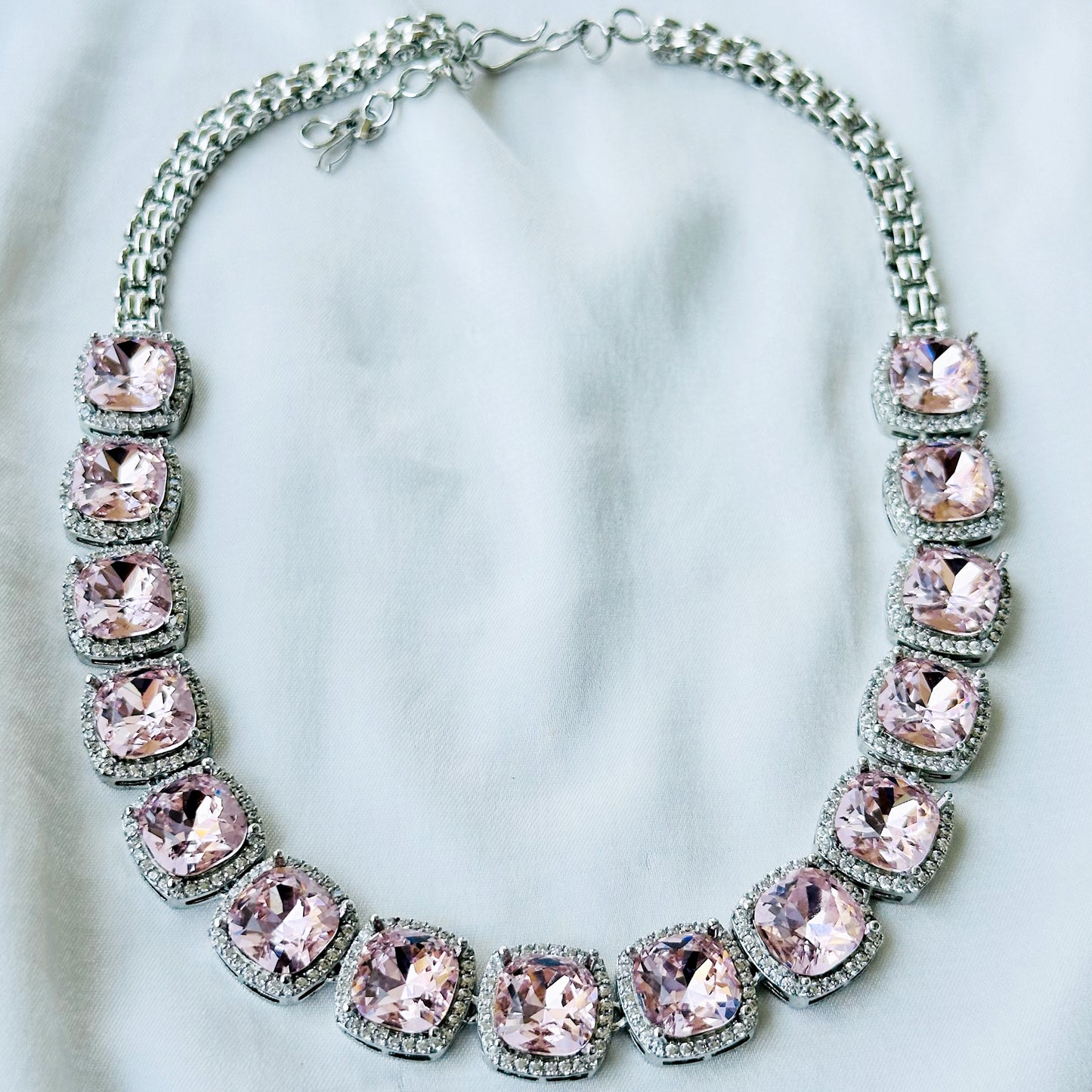 Ariva Collection Lt Pink Topaz Swarovski Crystal American Diamond Silver Plated Necklace Set