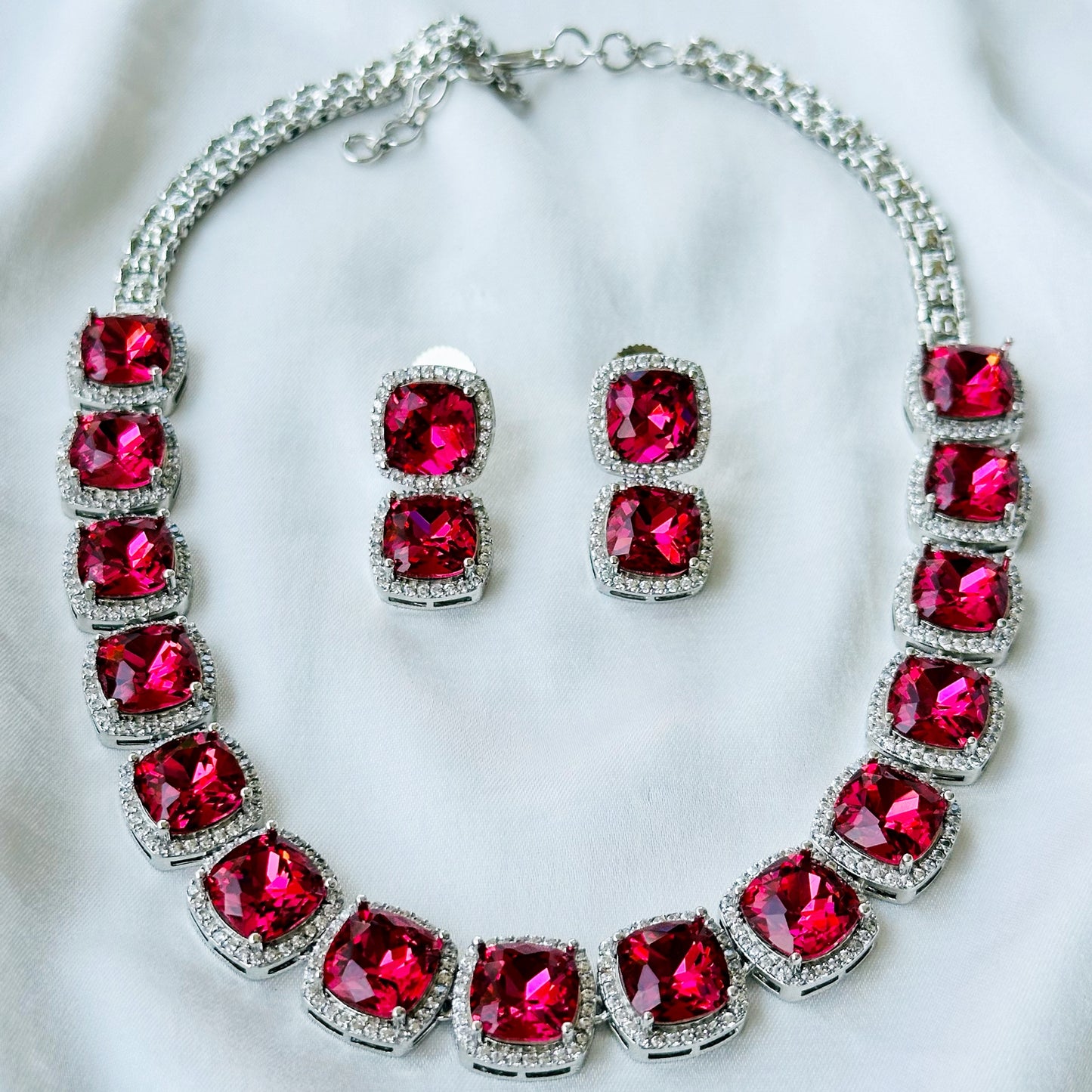 Ariva Collection Red Ruby Siam Swarovski Crystal American Diamond Silver Plated Necklace Set