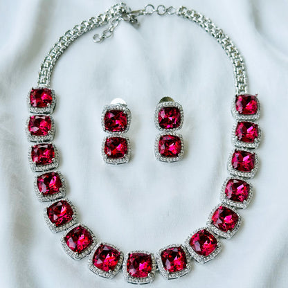 Ariva Collection Red Ruby Siam Swarovski Crystal American Diamond Silver Plated Necklace Set