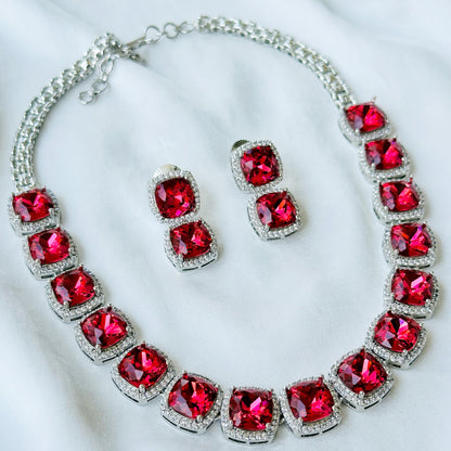 Ariva Collection Red Ruby Siam Swarovski Crystal American Diamond Silver Plated Necklace Set