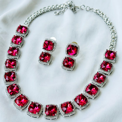 Ariva Collection Red Ruby Siam Swarovski Crystal American Diamond Silver Plated Necklace Set