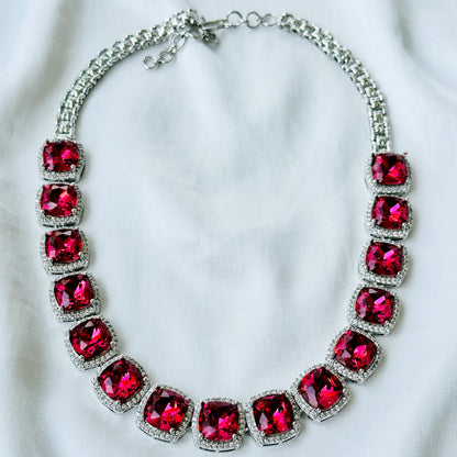 Ariva Collection Red Ruby Siam Swarovski Crystal American Diamond Silver Plated Necklace Set