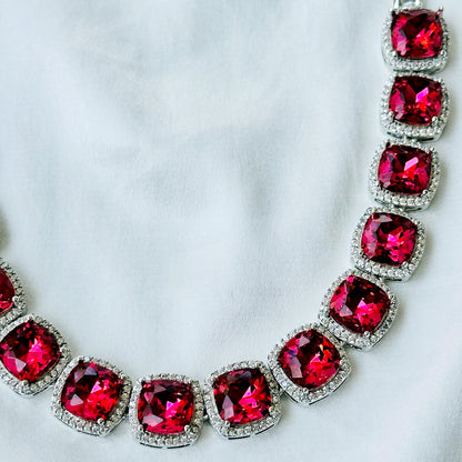 Ariva Collection Red Ruby Siam Swarovski Crystal American Diamond Silver Plated Necklace Set