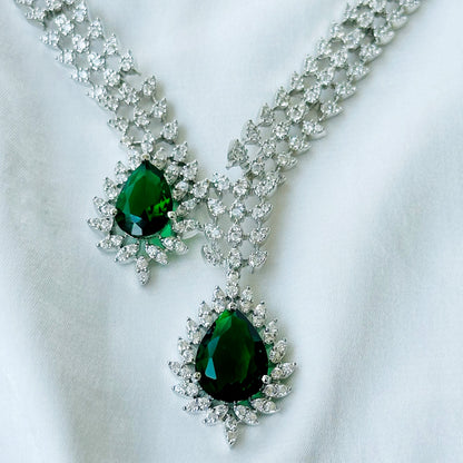 Ariva Collection Green Emerald Cubic Zircon American Diamond Silver Plated Necklace Set