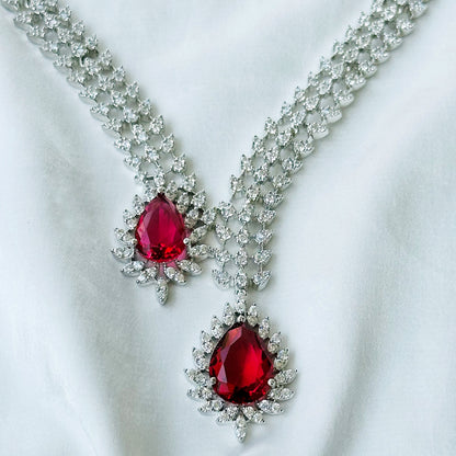 Ariva Collection Red Ruby Cubic Zircon American Diamond Silver Plated Necklace Set