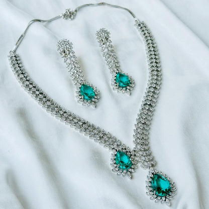 Ariva Collection Sea Green Topaz Cubic Zircon American Diamond Silver Plated Necklace Set