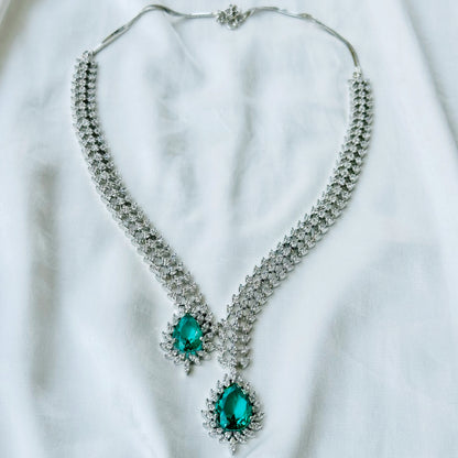 Ariva Collection Sea Green Topaz Cubic Zircon American Diamond Silver Plated Necklace Set