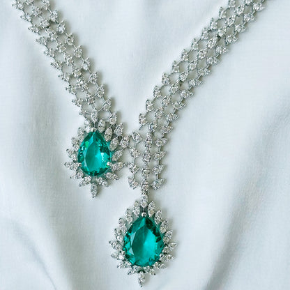 Ariva Collection Sea Green Topaz Cubic Zircon American Diamond Silver Plated Necklace Set