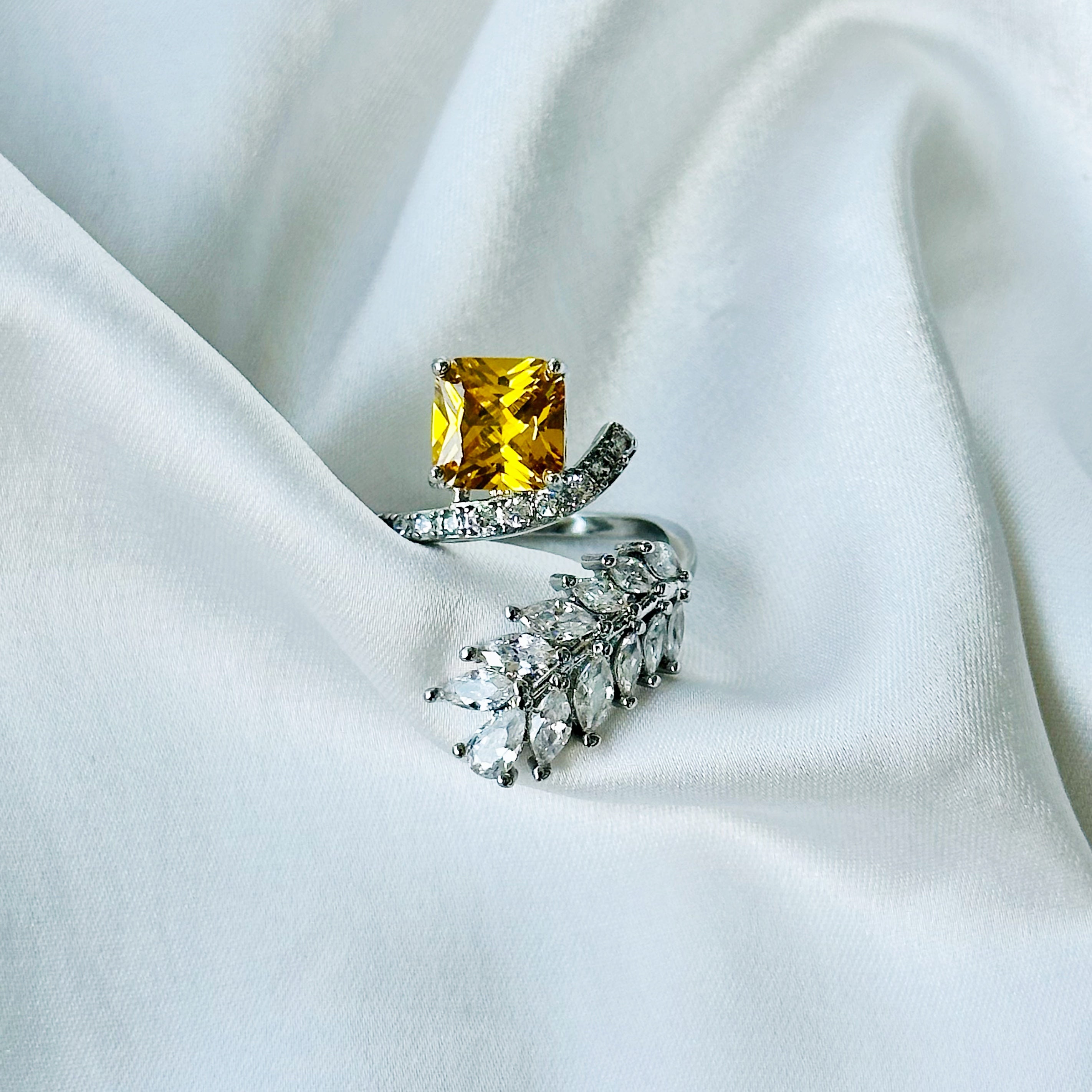 Ariva Collection Yellow Topaz Cubic Zircon American Diamond Silver Plated Adjustable Ring