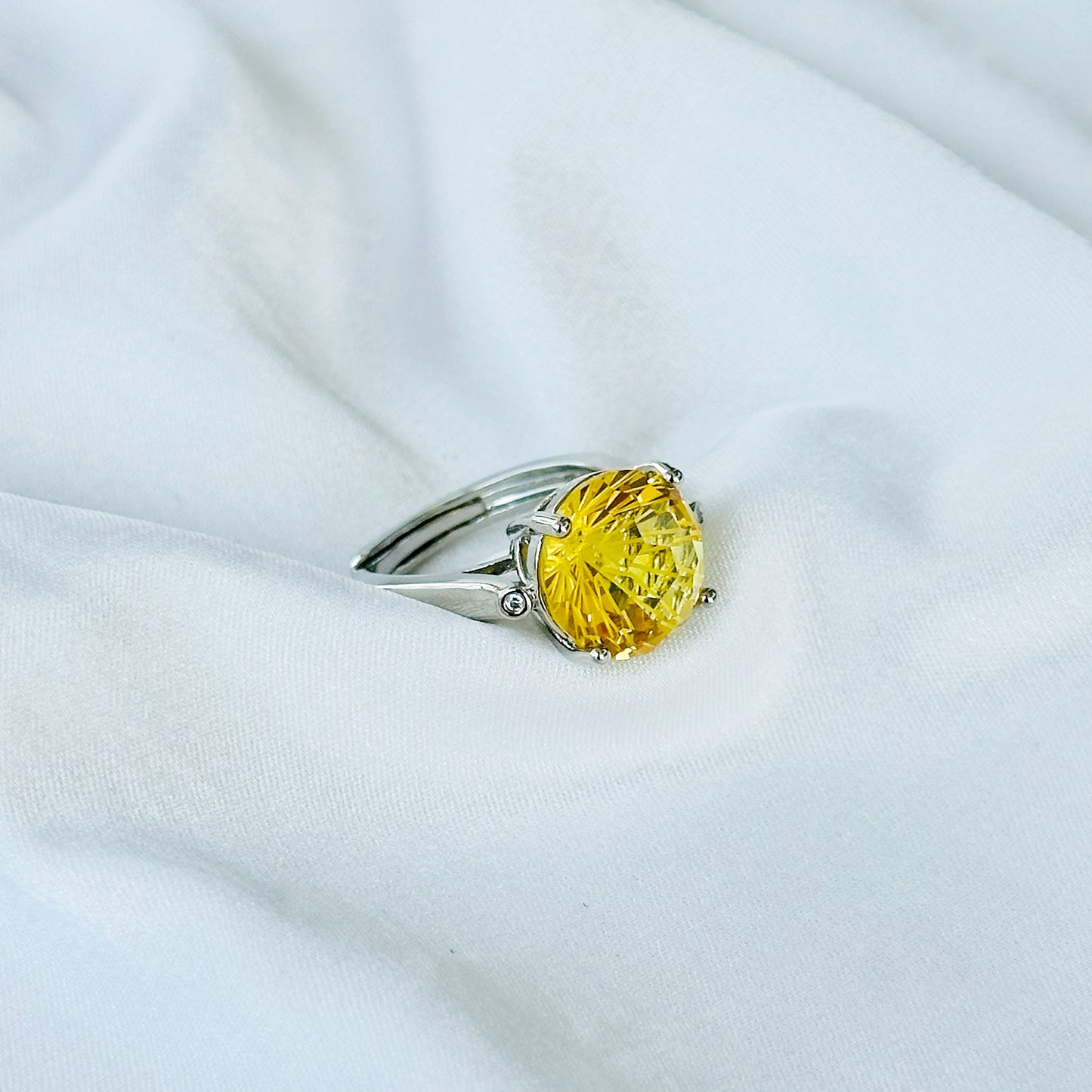 Ariva Collection Yellow Topaz Cubic Zircon Ice Cut American Diamond Silver Plated Adjustable Ring