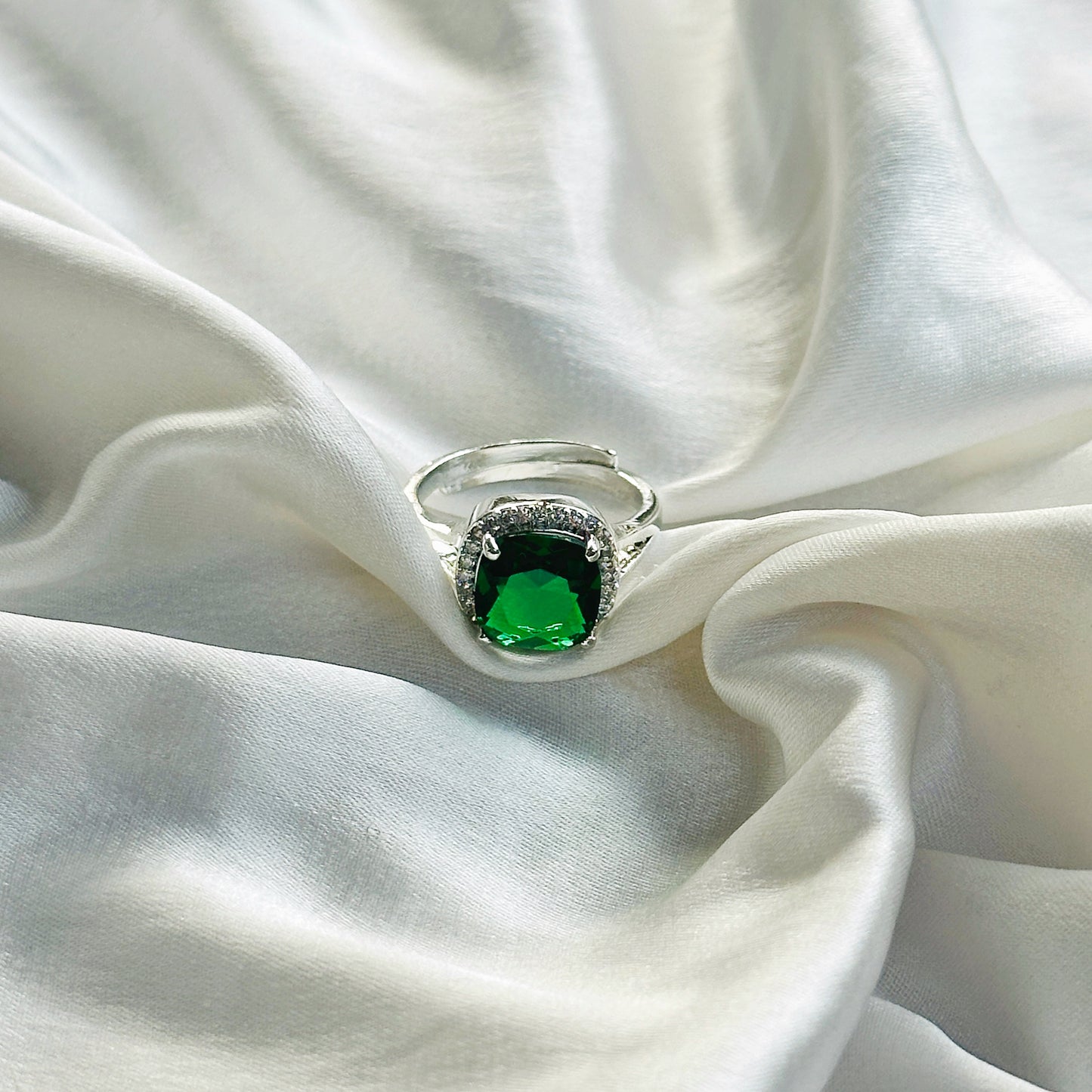 Ariva Collection Green Emerald Cubic Zircon American Diamond Silver Plated Adjustable Ring