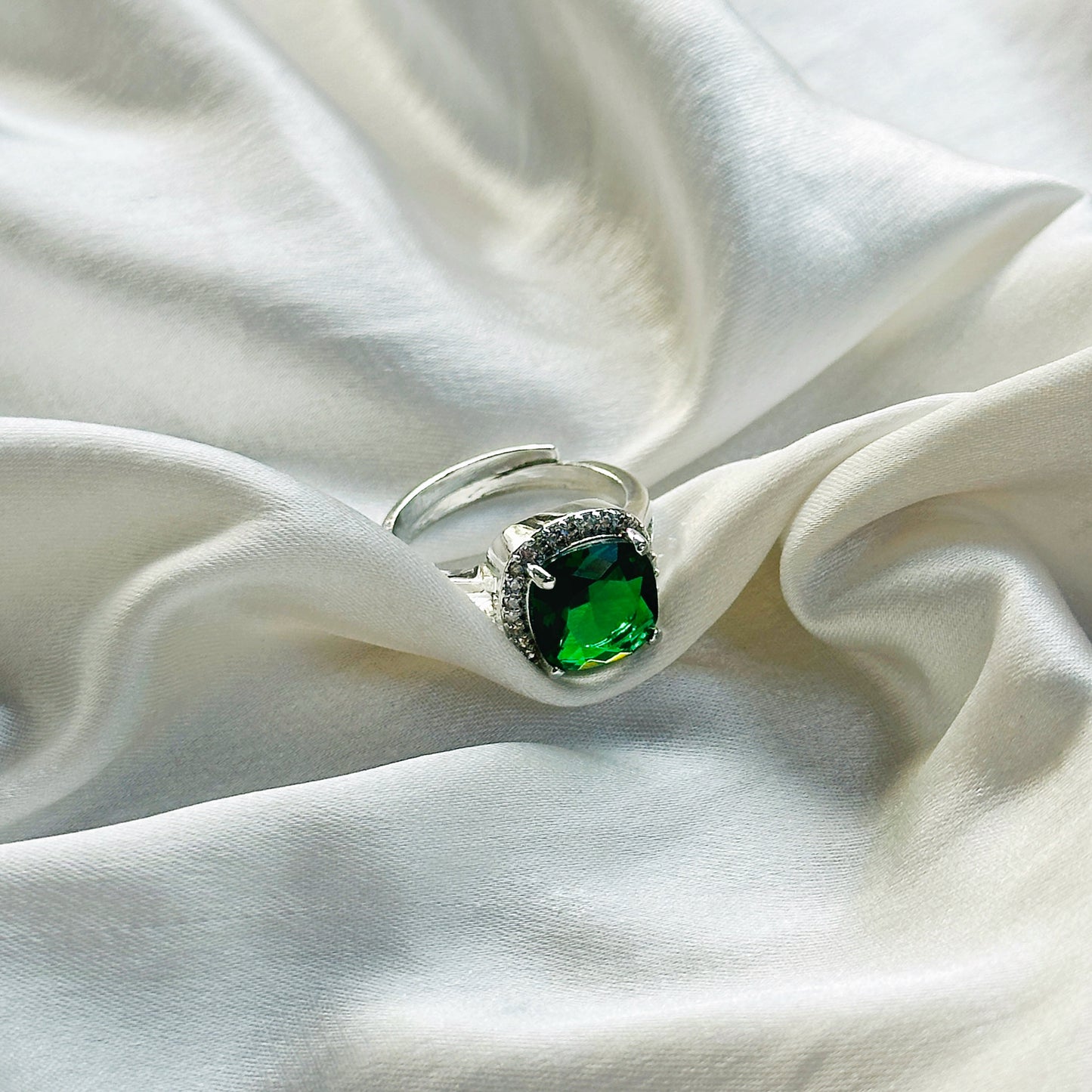 Ariva Collection Green Emerald Cubic Zircon American Diamond Silver Plated Adjustable Ring