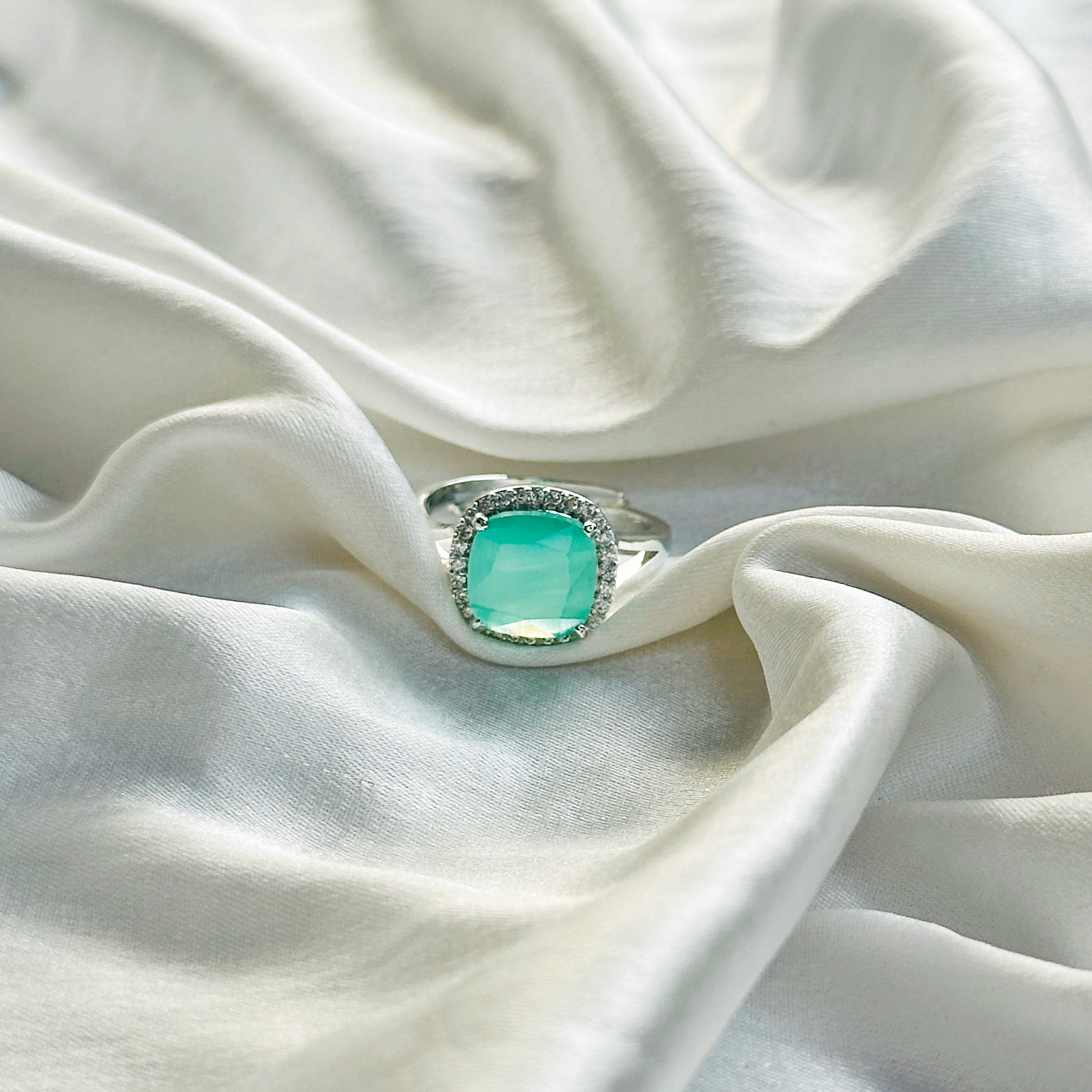 Ariva Collection Mint Green Topaz Zircon American Diamond Silver Plated Adjustable Ring