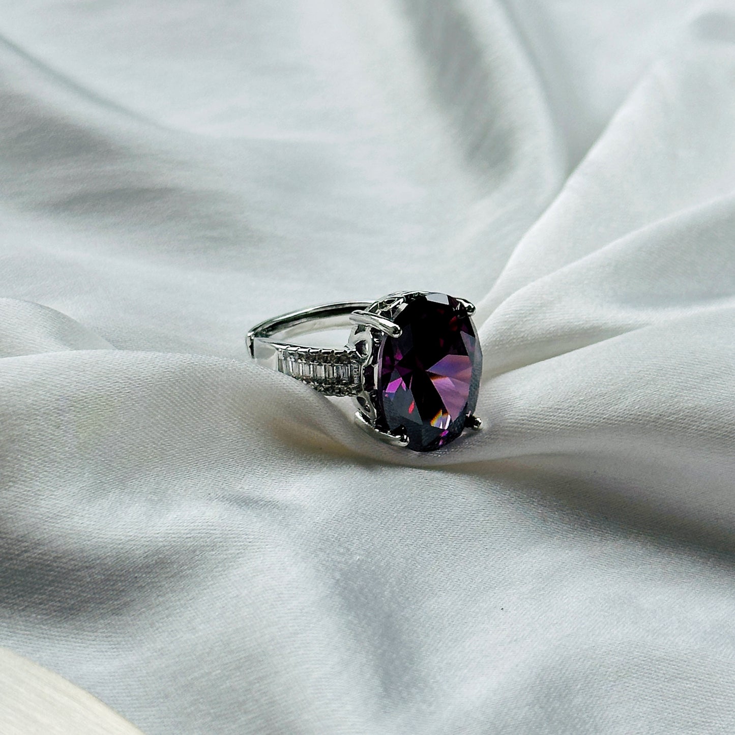 Ariva Collection Amethyst Cubic Zircon Ice Cut American Diamond Silver Plated Adjustable Ring