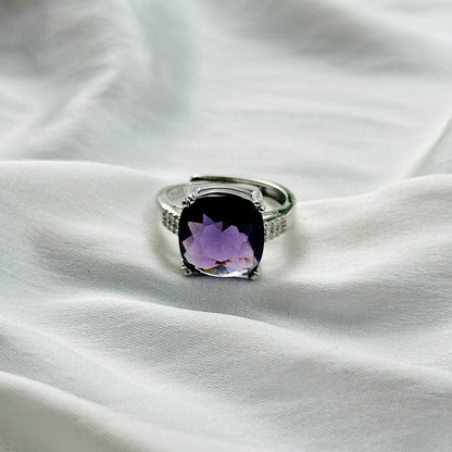 Ariva Collection Amethyst Cubic Zircon Ice Cut Stone American Diamond Silver Plated Adjustable Ring