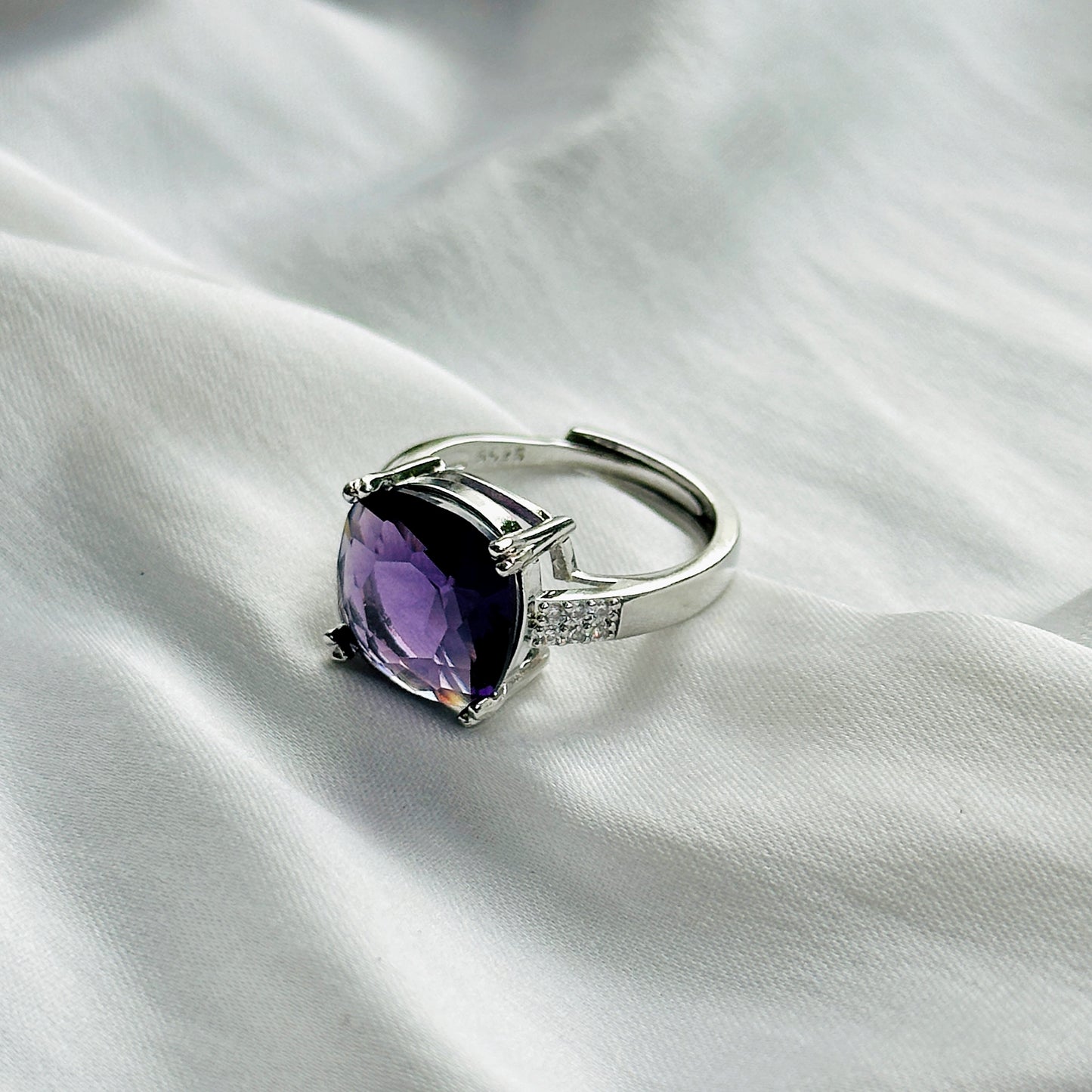 Ariva Collection Amethyst Cubic Zircon Ice Cut Stone American Diamond Silver Plated Adjustable Ring