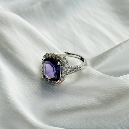 Ariva Collection Amethyst Cubic Zircon Ice Cut Stone American Diamond Silver Plated Adjustable Ring