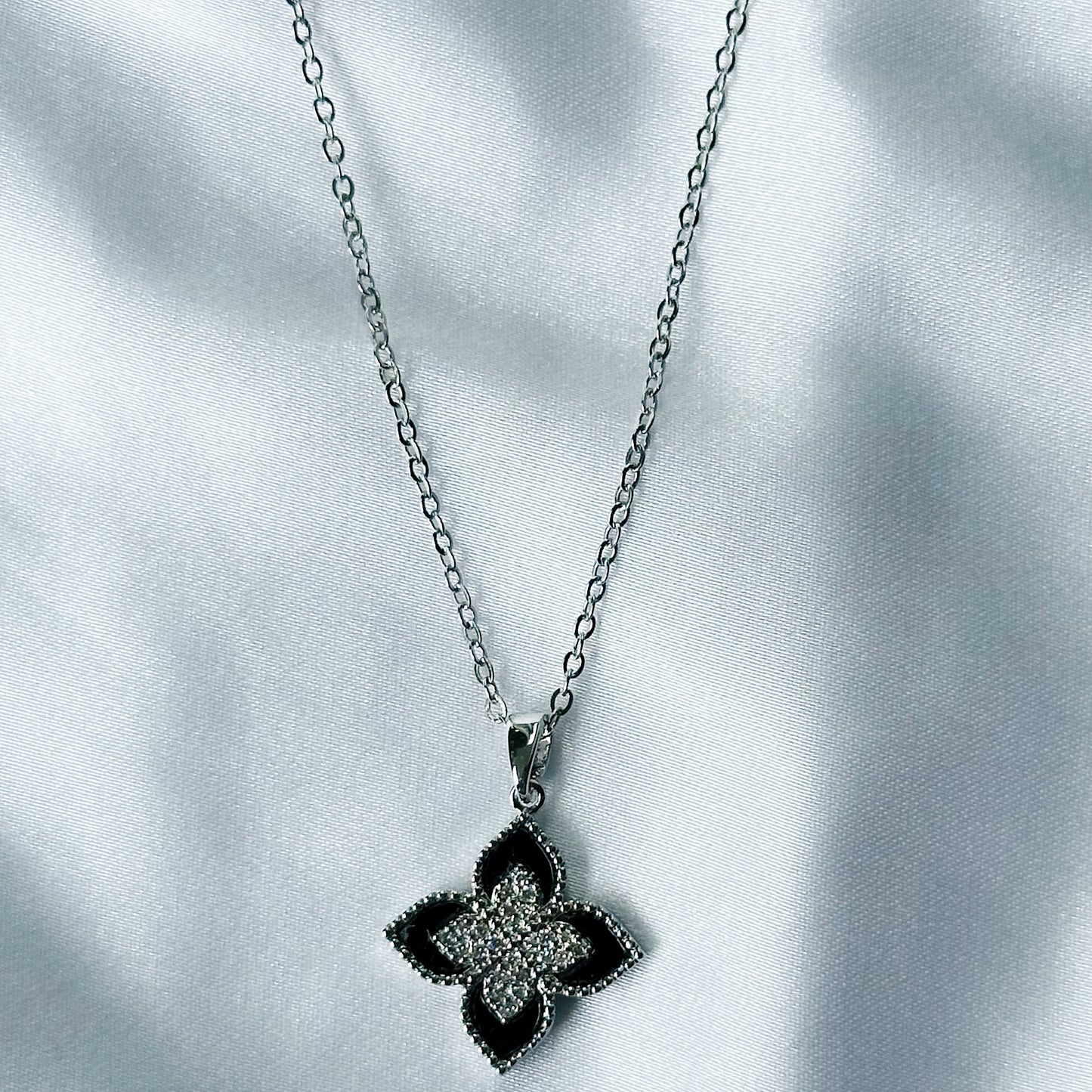 Ariva Collection Flower Design American Diamond Black/Silver Plated Stainless Steel Necklace