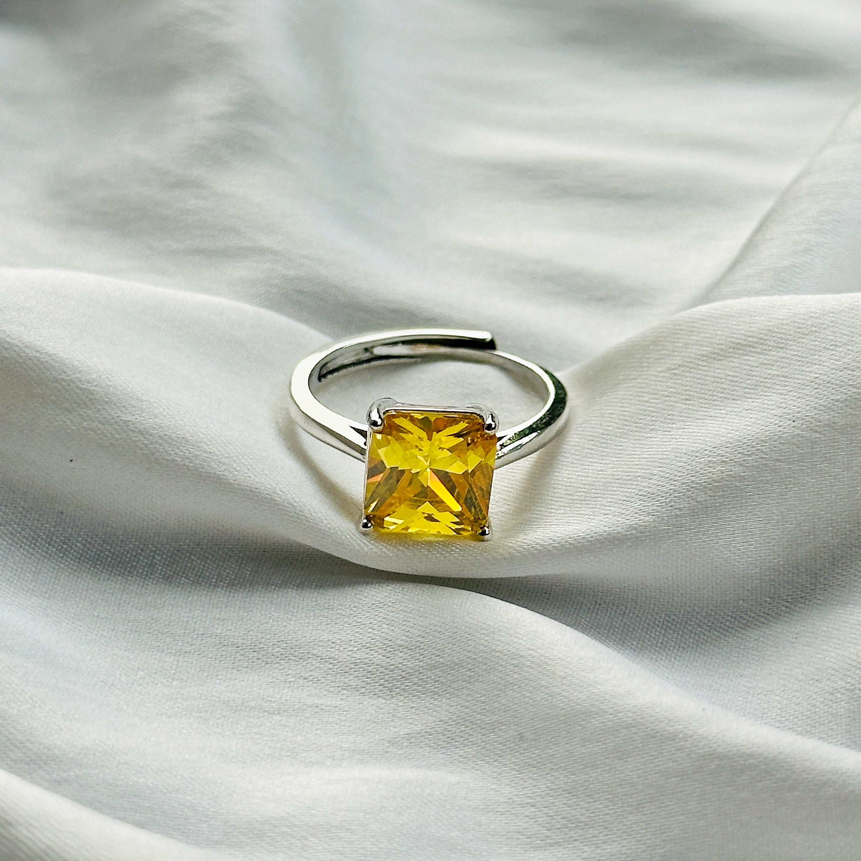 Ariva Collection Yellow Topaz Cubic Zircon Ice Cut Stone Silver Plated Adjustable Ring