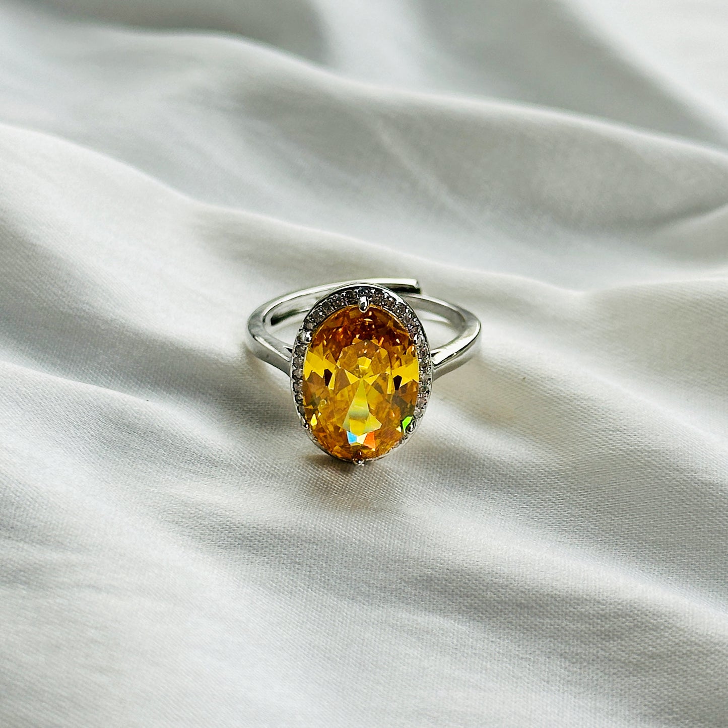 Ariva Collection Yellow Topaz Cubic Zircon Ice Cut Stone American Diamond Silver Plated Adjustable Ring