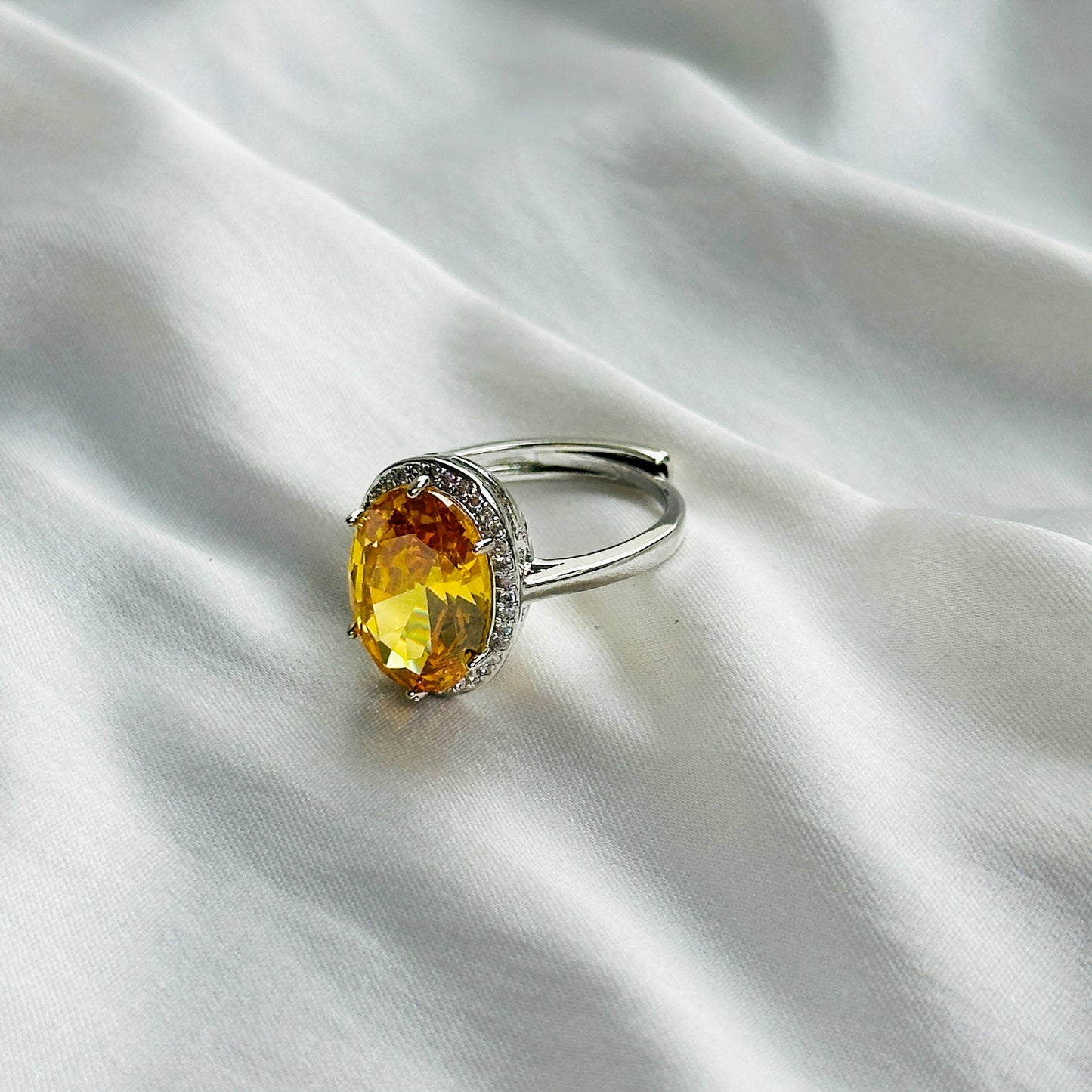 Ariva Collection Yellow Topaz Cubic Zircon Ice Cut Stone American Diamond Silver Plated Adjustable Ring