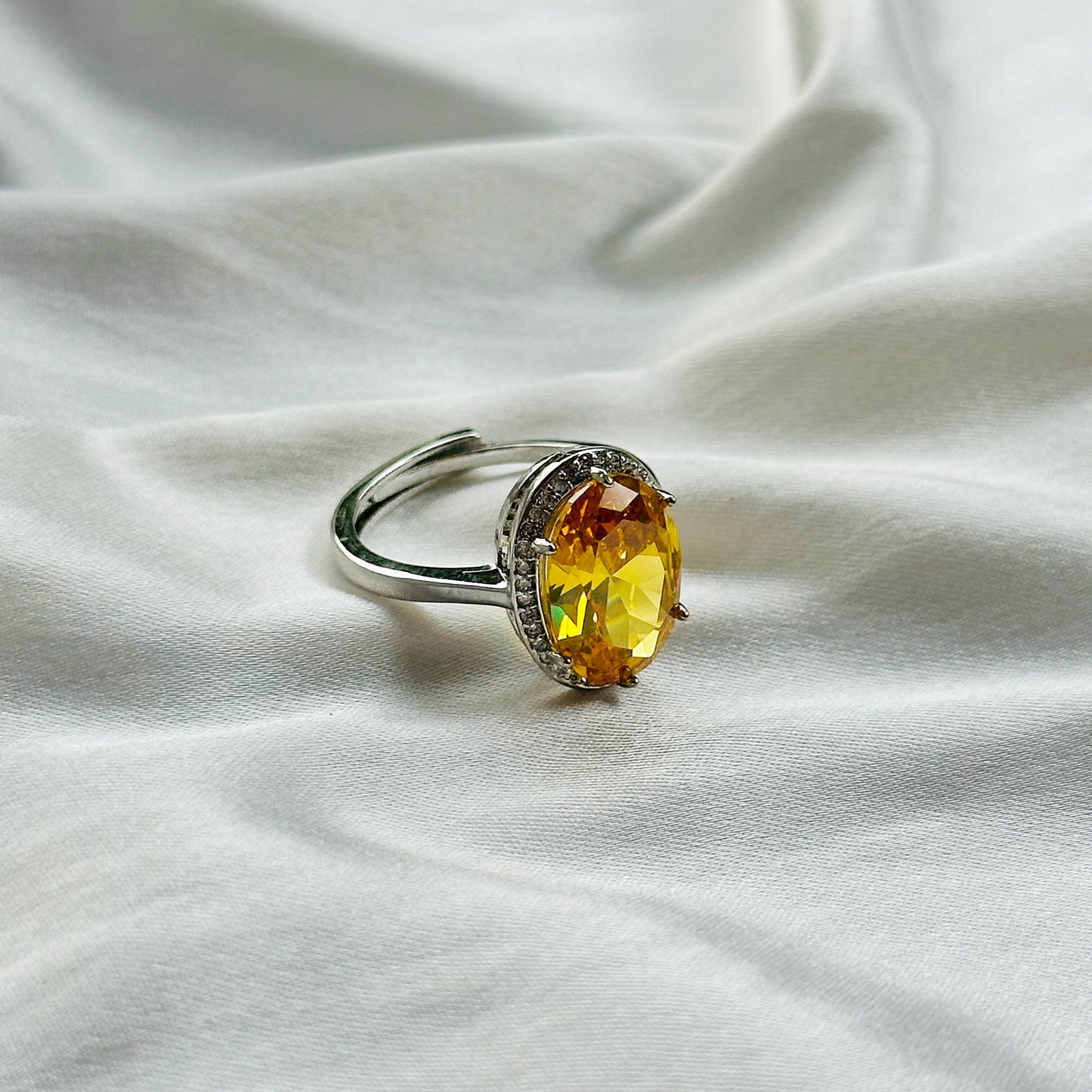 Ariva Collection Yellow Topaz Cubic Zircon Ice Cut Stone American Diamond Silver Plated Adjustable Ring