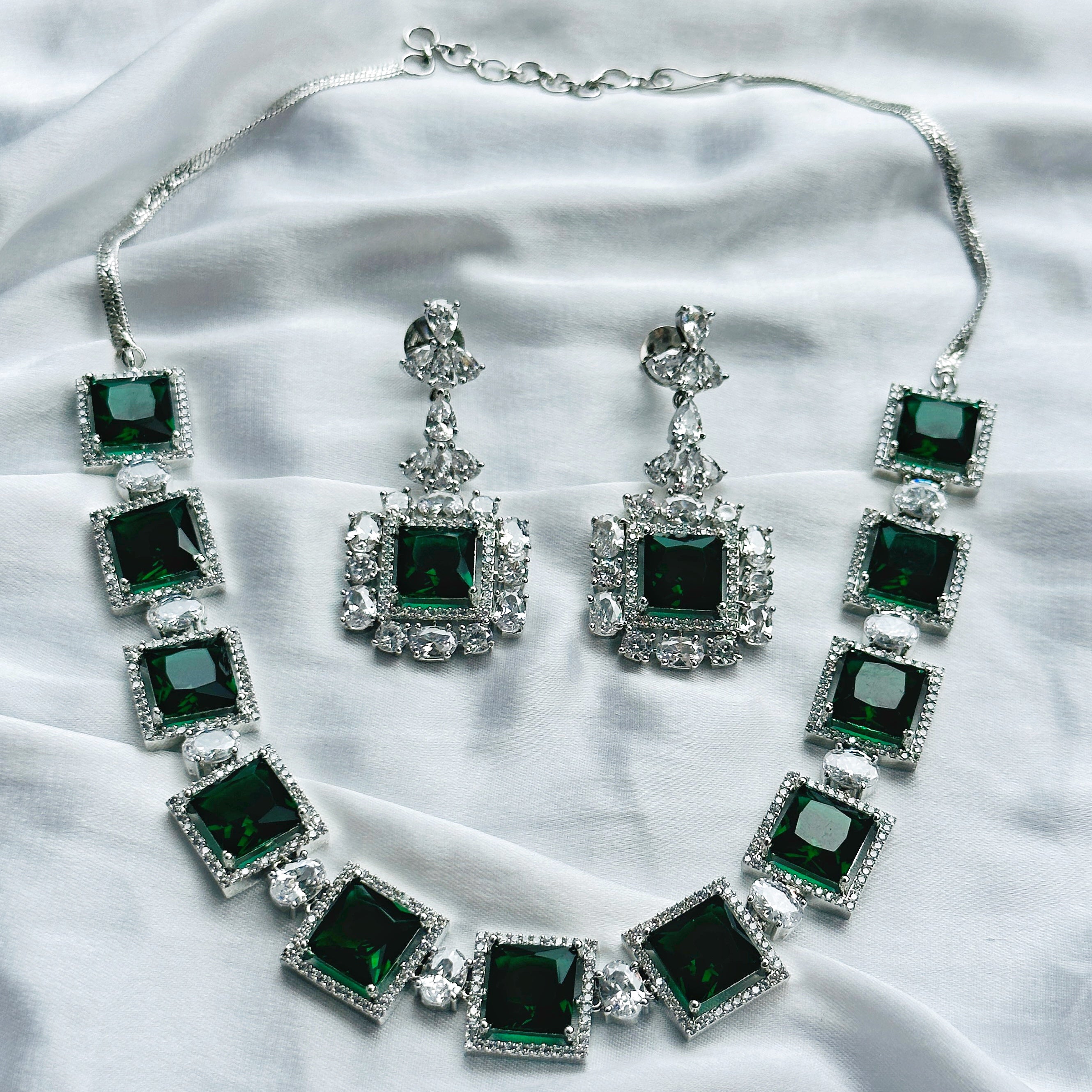 Ariva Collection Emerald Cubic Zircon Stone American Diamond Silver Plated Necklace Set