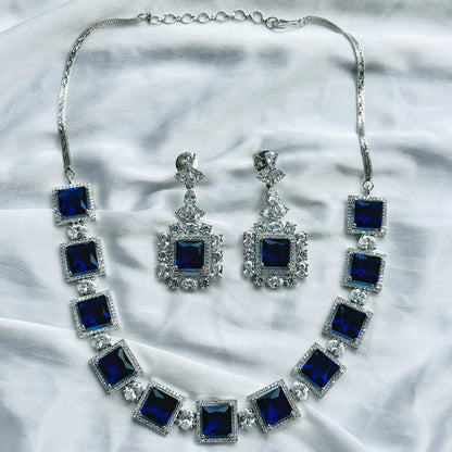 Ariva Collection Blue Sapphire Cubic Zircon Stone American Diamond Silver Plated Necklace Set