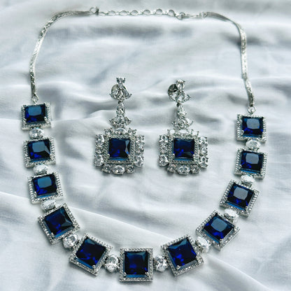 Ariva Collection Blue Sapphire Cubic Zircon Stone American Diamond Silver Plated Necklace Set