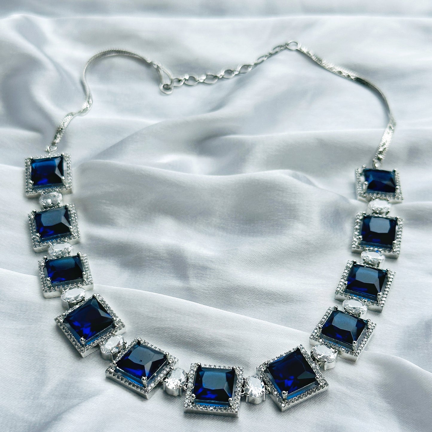 Ariva Collection Blue Sapphire Cubic Zircon Stone American Diamond Silver Plated Necklace Set