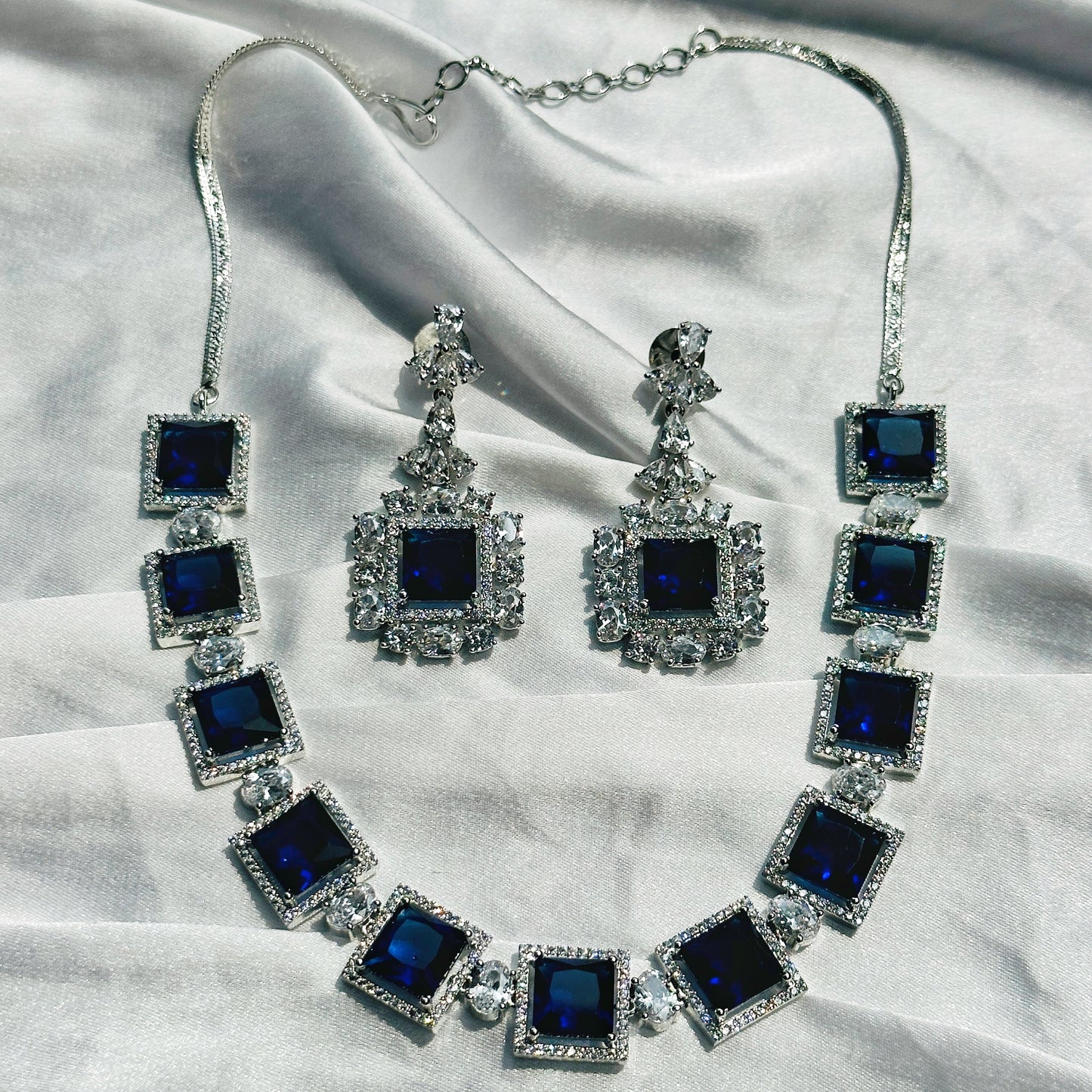 Ariva Collection Blue Sapphire Cubic Zircon Stone American Diamond Silver Plated Necklace Set