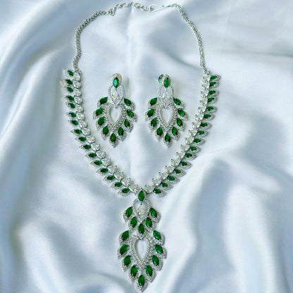 Ariva Collection Emerald Cubic Zircon American Diamond Silver Plated Necklace Set