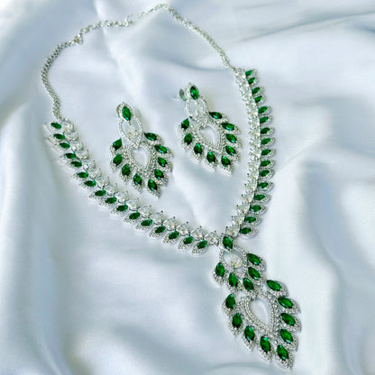 Ariva Collection Emerald Cubic Zircon American Diamond Silver Plated Necklace Set