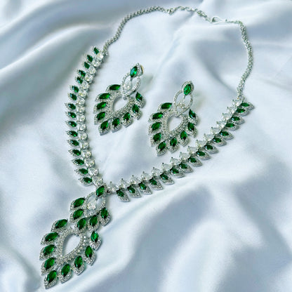 Ariva Collection Emerald Cubic Zircon American Diamond Silver Plated Necklace Set