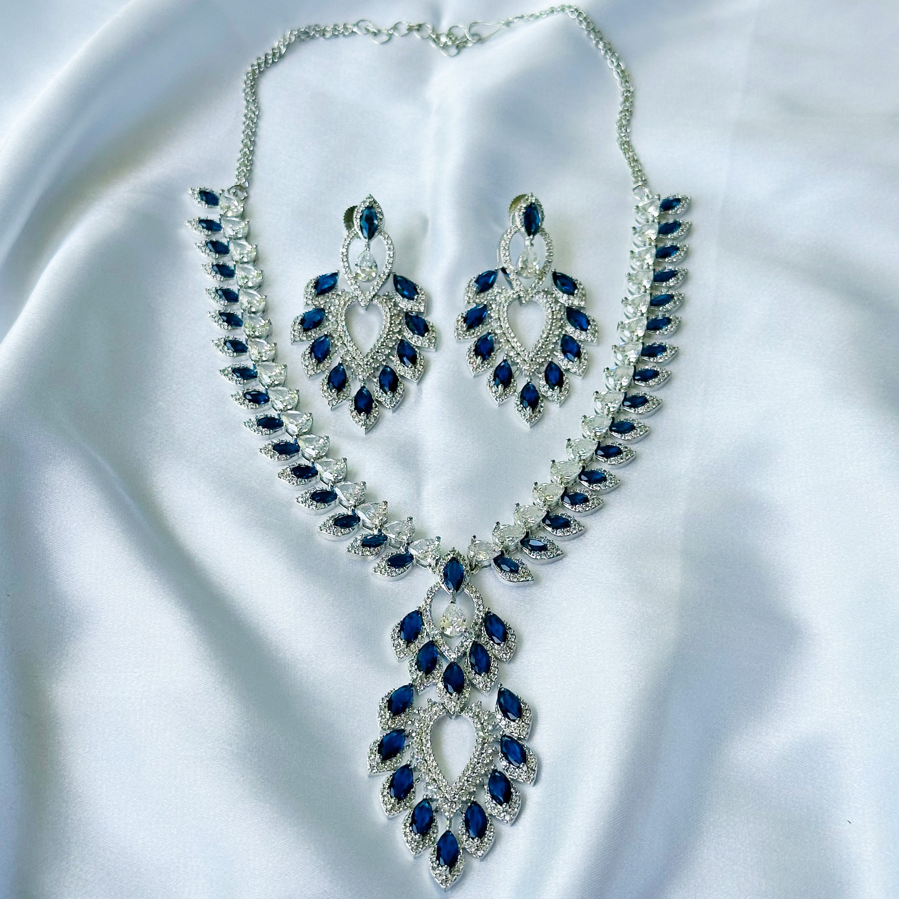 Ariva Collection Blue Sapphire Cubic Zircon American Diamond Silver Plated Necklace Set