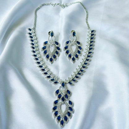 Ariva Collection Blue Sapphire Cubic Zircon American Diamond Silver Plated Necklace Set