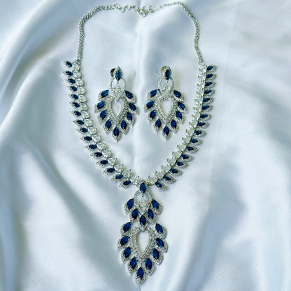 Ariva Collection Blue Sapphire Cubic Zircon American Diamond Silver Plated Necklace Set