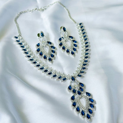 Ariva Collection Blue Sapphire Cubic Zircon American Diamond Silver Plated Necklace Set