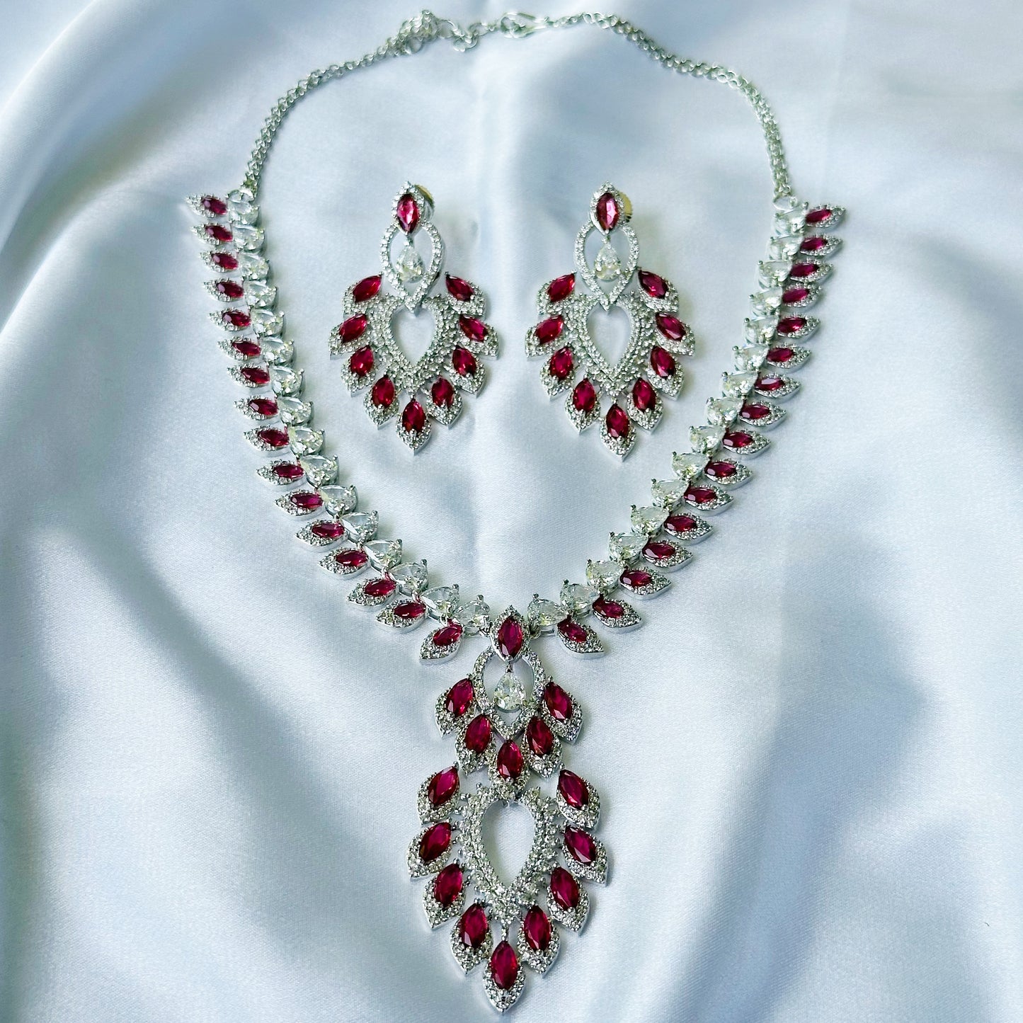 Ariva Collection Red Ruby Cubic Zircon American Diamond Silver Plated Necklace Set