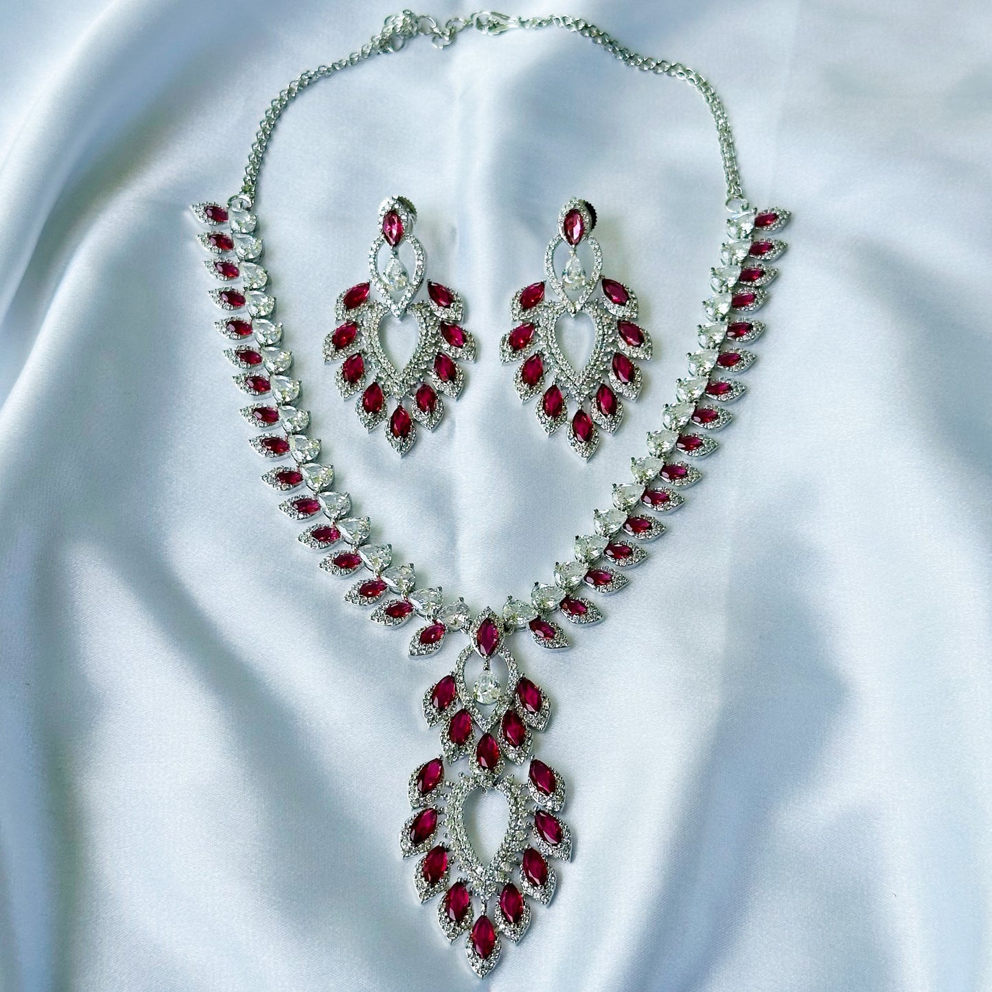 Ariva Collection Red Ruby Cubic Zircon American Diamond Silver Plated Necklace Set