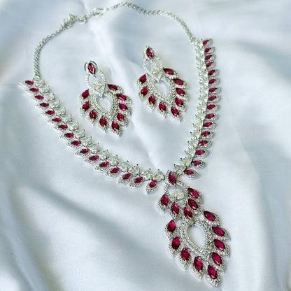 Ariva Collection Red Ruby Cubic Zircon American Diamond Silver Plated Necklace Set