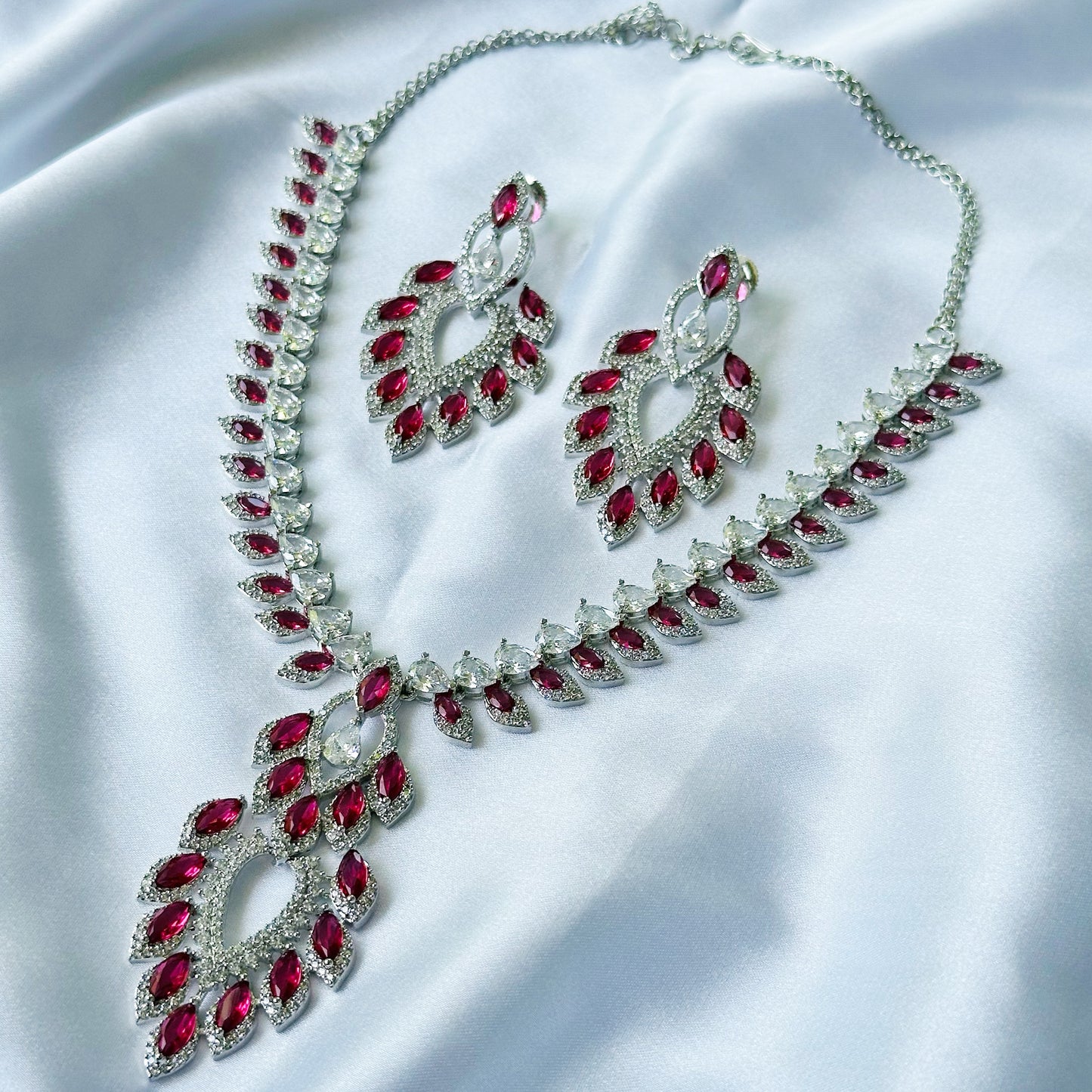 Ariva Collection Red Ruby Cubic Zircon American Diamond Silver Plated Necklace Set