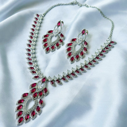 Ariva Collection Red Ruby Cubic Zircon American Diamond Silver Plated Necklace Set