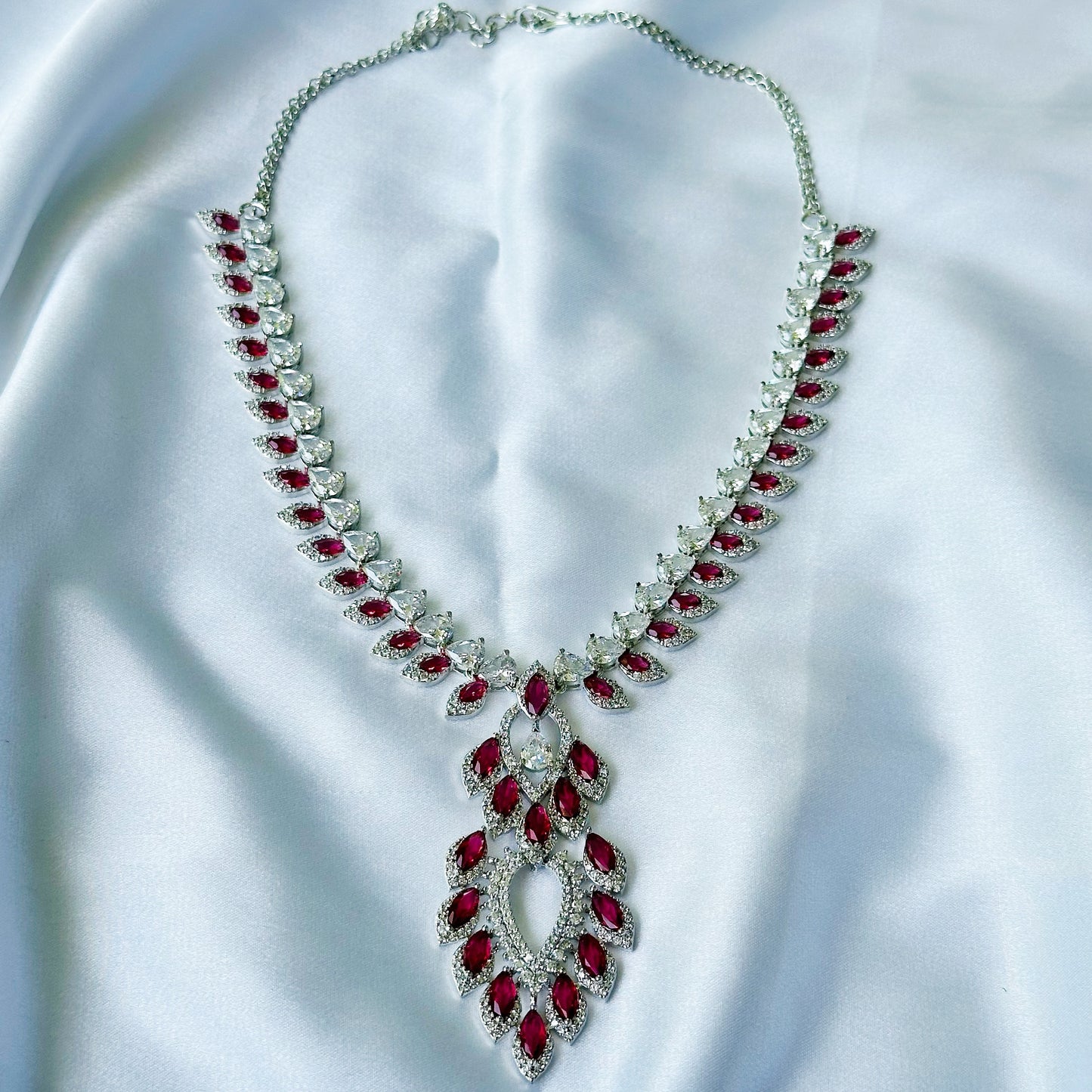 Ariva Collection Red Ruby Cubic Zircon American Diamond Silver Plated Necklace Set