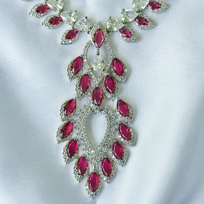 Ariva Collection Red Ruby Cubic Zircon American Diamond Silver Plated Necklace Set