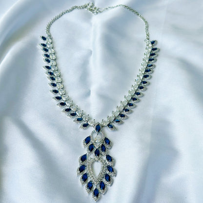 Ariva Collection Blue Sapphire Cubic Zircon American Diamond Silver Plated Necklace Set