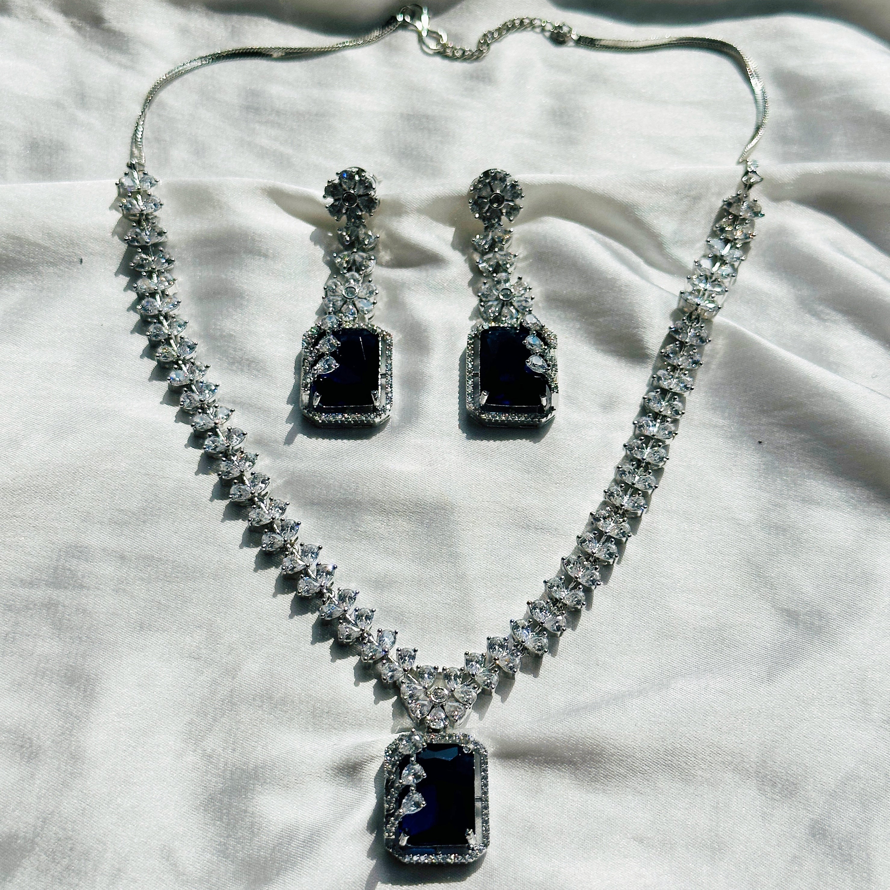 Ariva Collection Blue Sapphire Cubic Zircon Stone American Diamond Silver Plated Necklace Set