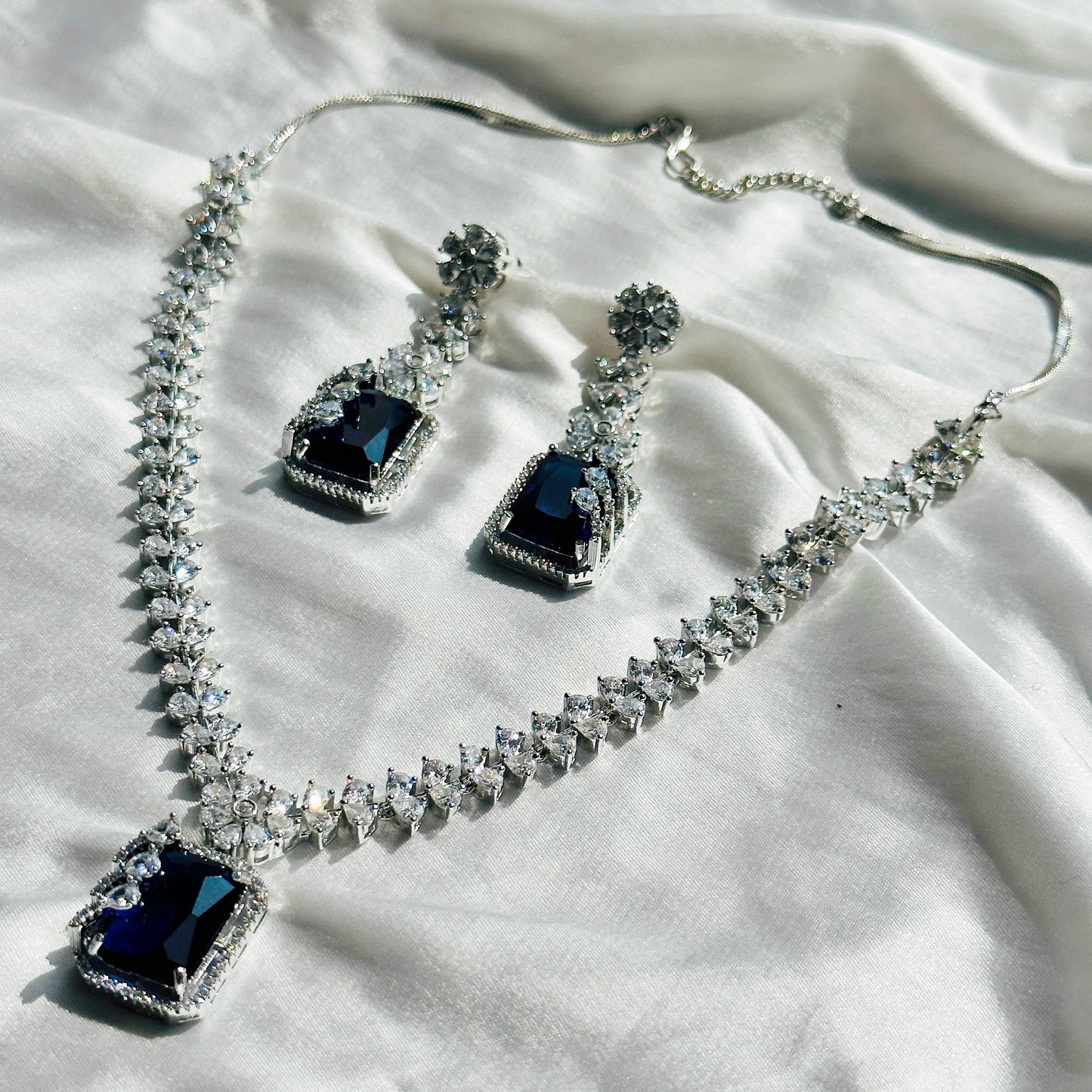 Ariva Collection Blue Sapphire Cubic Zircon Stone American Diamond Silver Plated Necklace Set